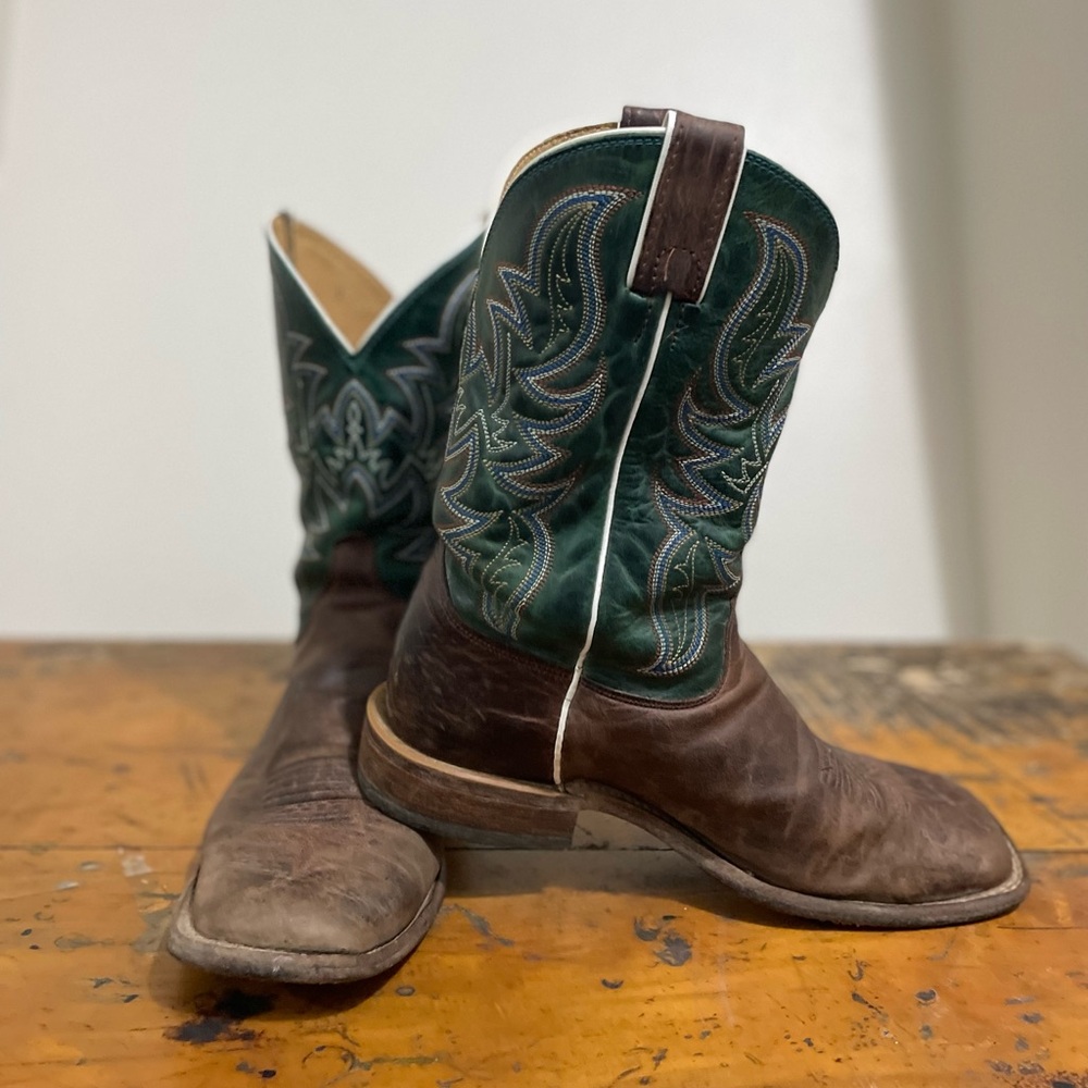 Justin Boots Square Toe Green and Brown Cowboy Western Boots